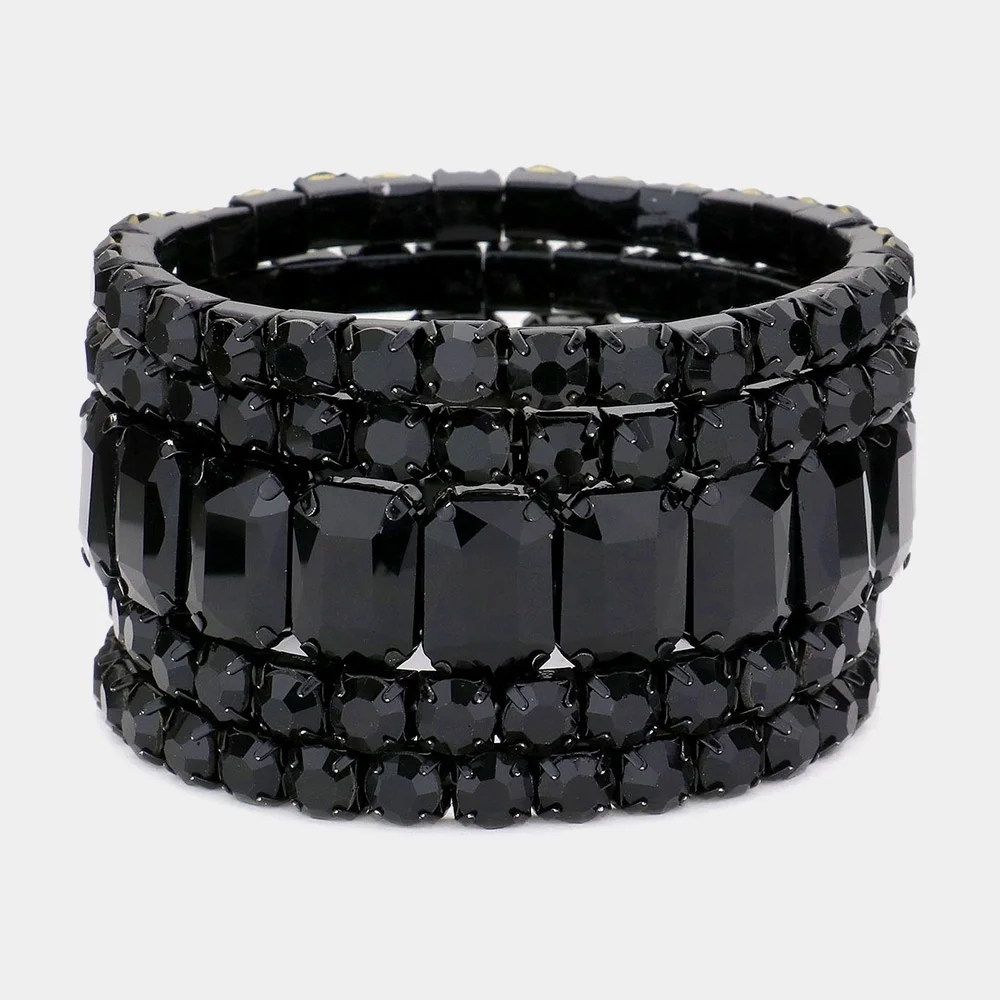 Black Emerald Cut Crystal Wide Stretch Bracelet 5 Pcs Bling 1.75 Inches